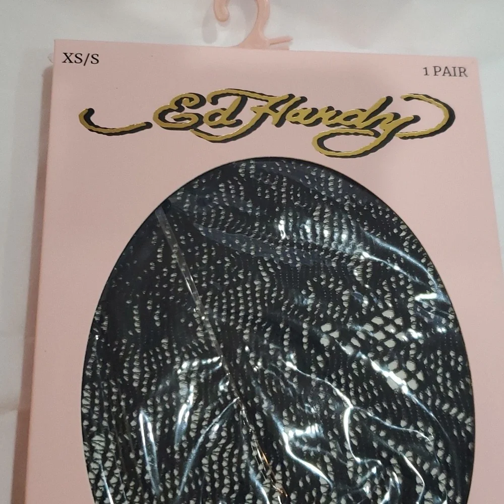 Ed‎ Hardy black floral lace fishnet tights stockings pantyhose size XS/S 1 pair